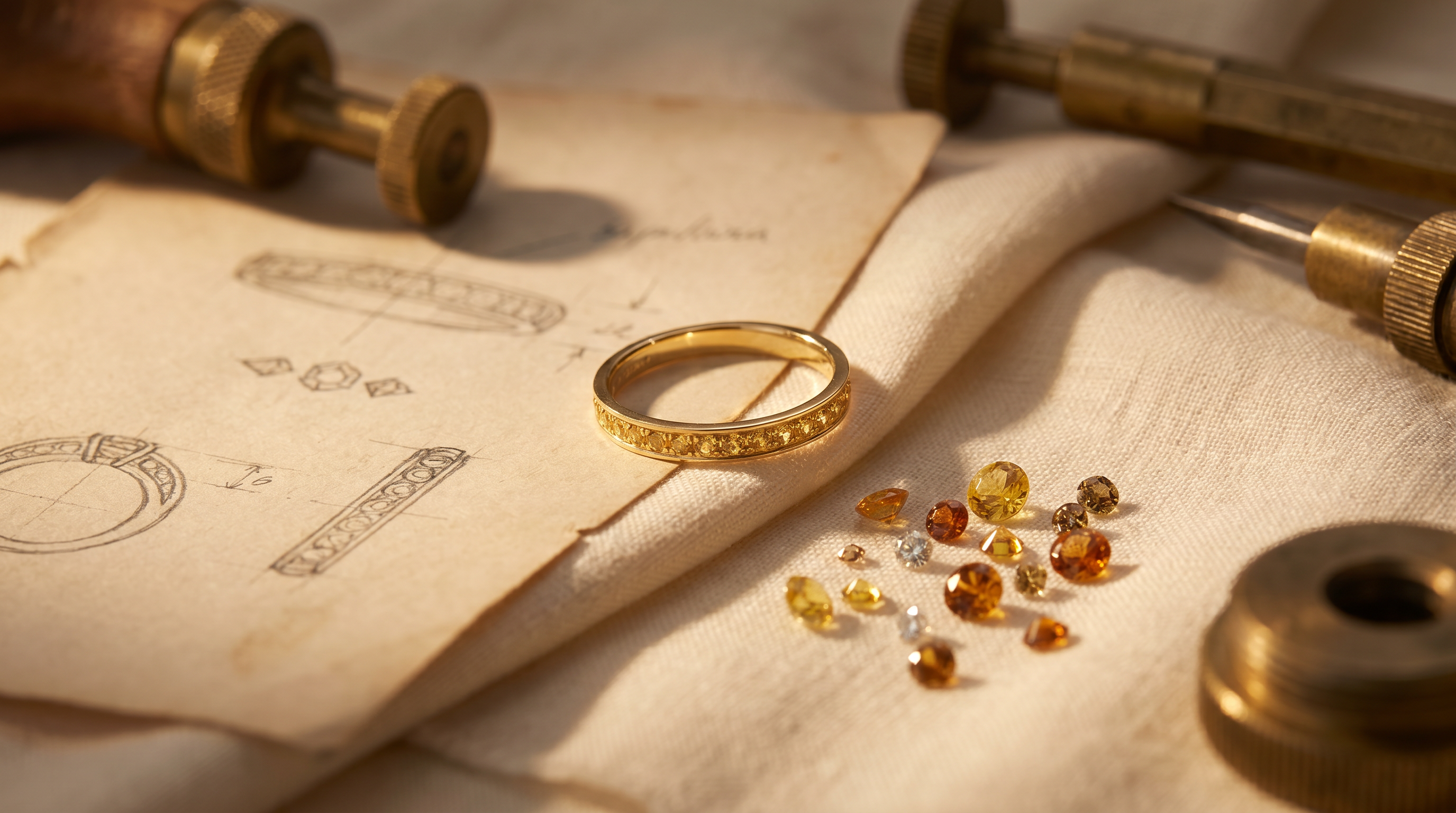 A design sketch beside loose gemstones