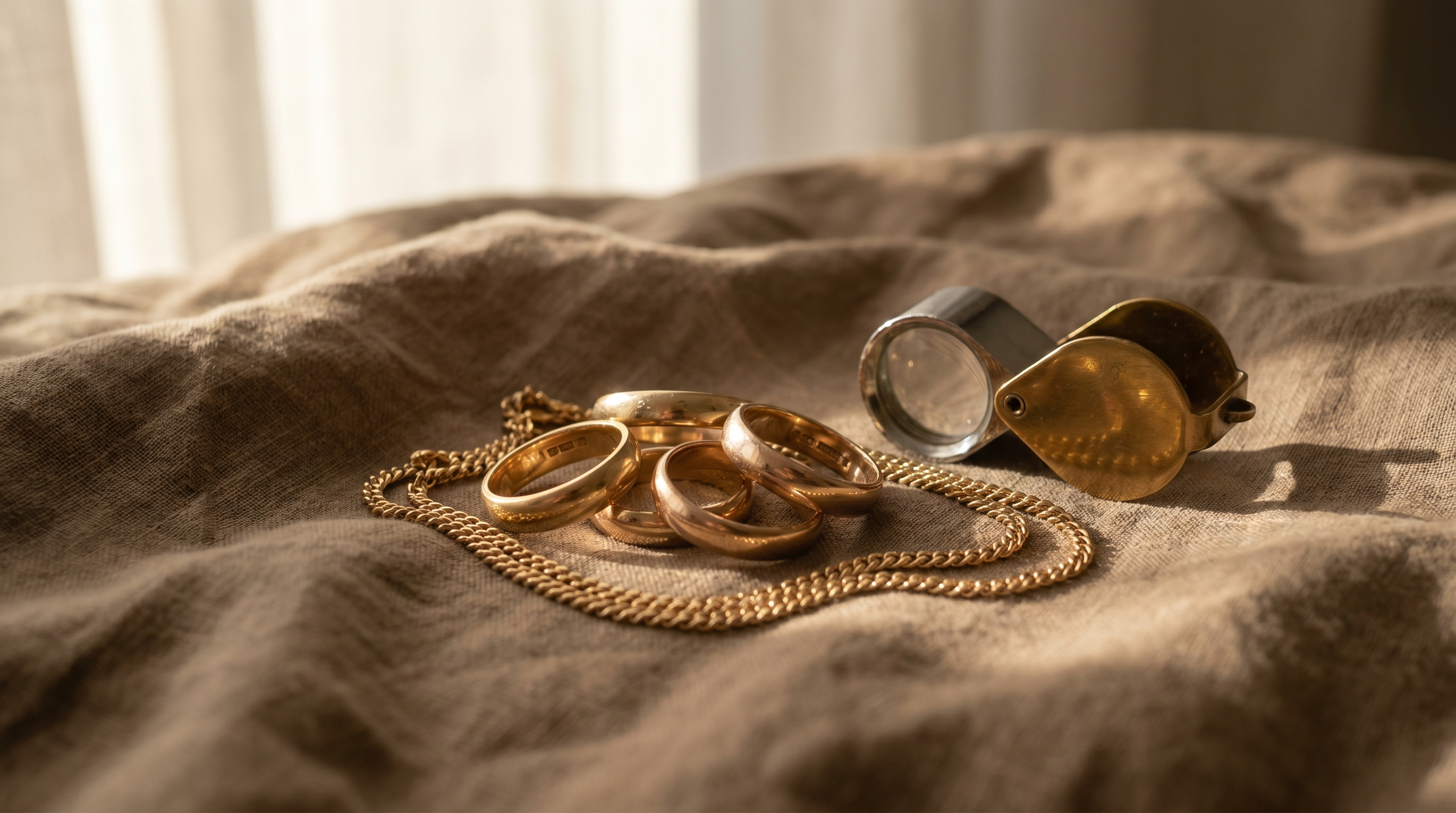 Solid gold rings and a fine gold chain in warm light