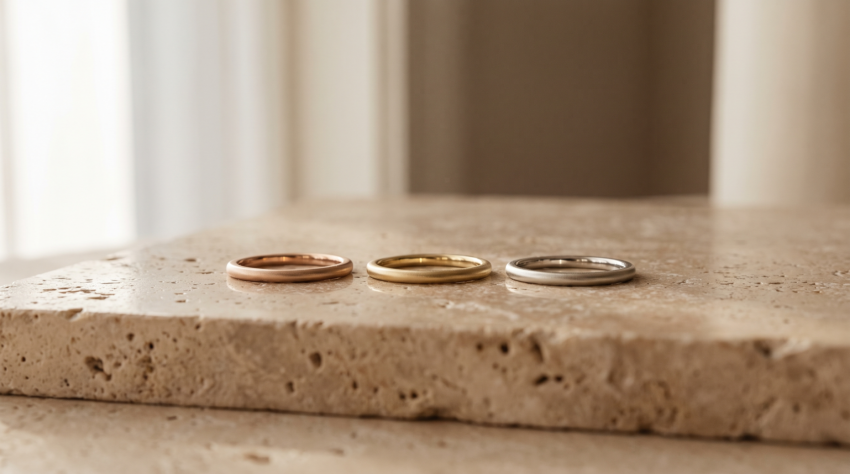 Rose, yellow and white 18K gold bands together on warm travertine