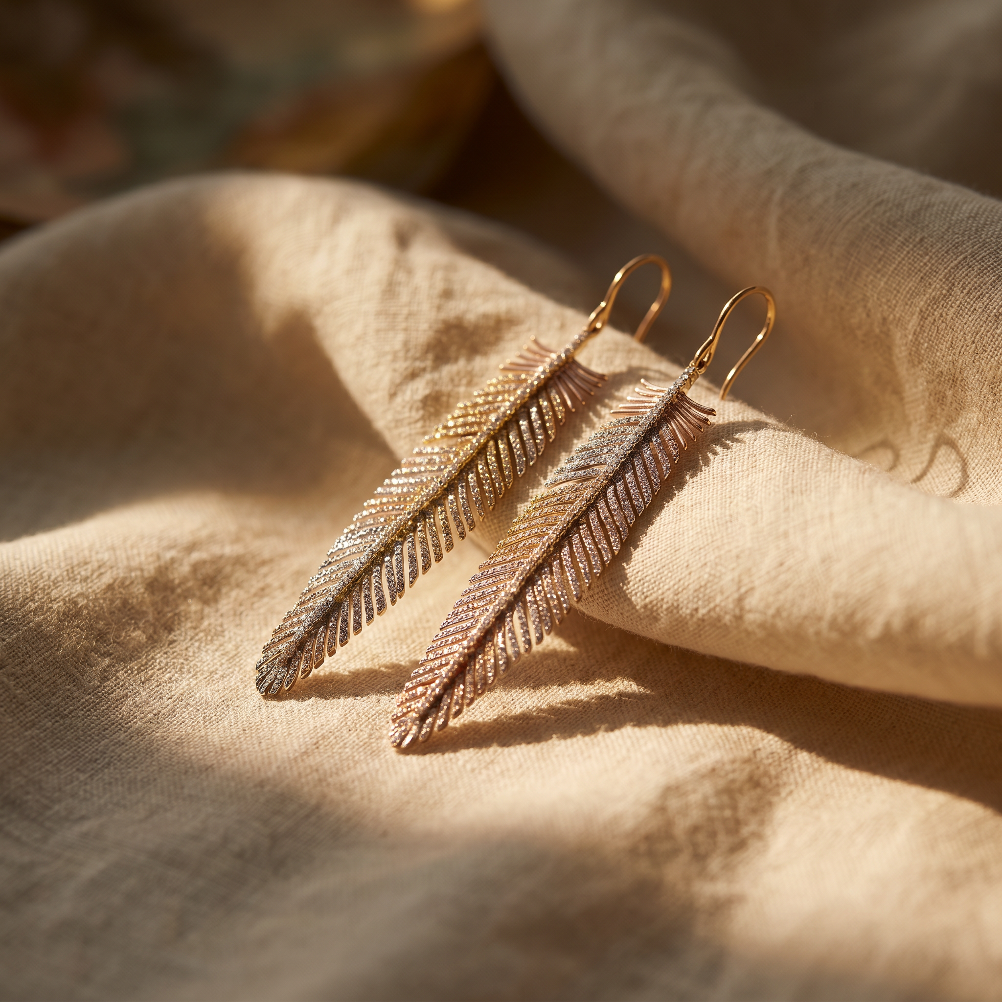 Diamond feather dangle earrings in 18K rose gold on warm linen — the Earrings collection