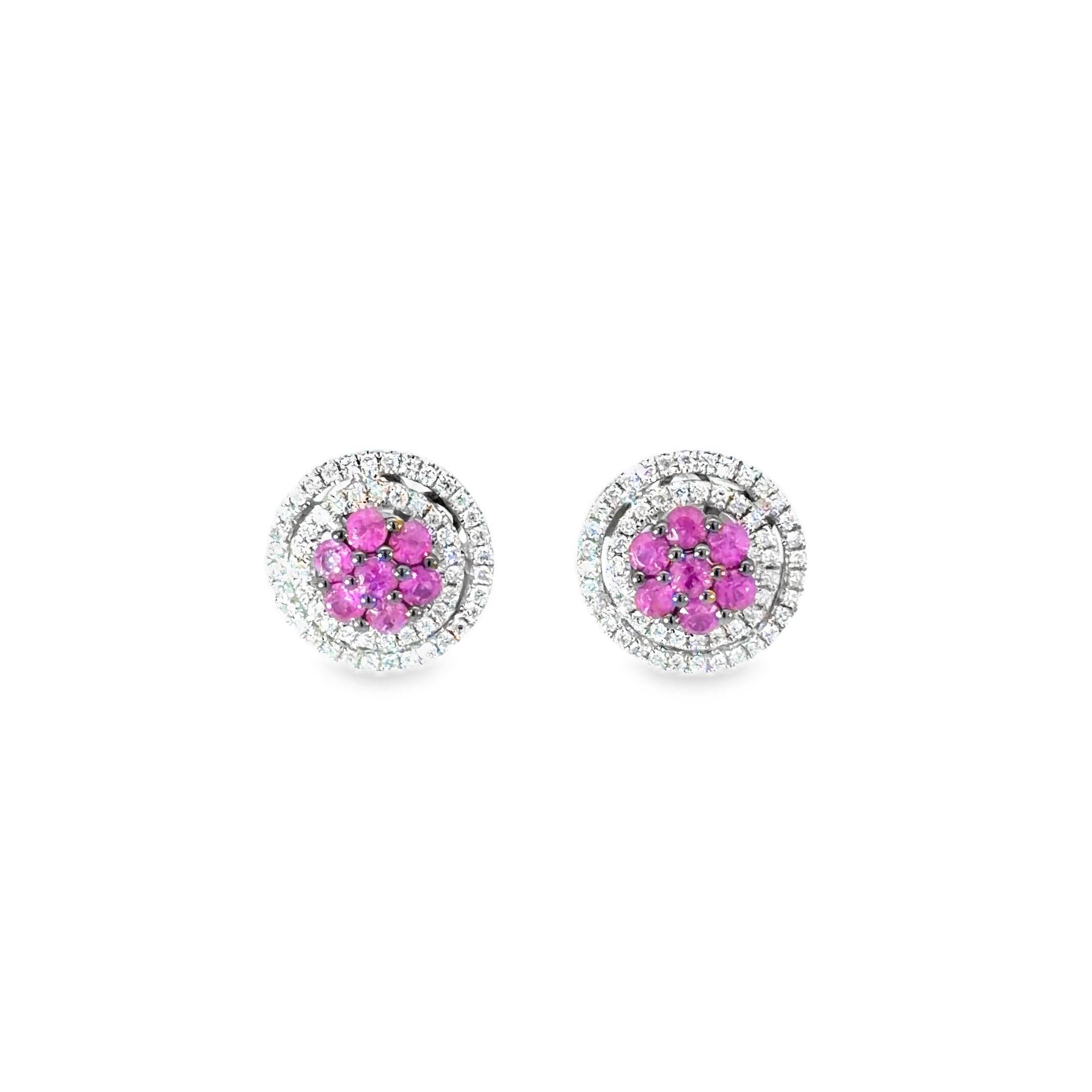 Pink Sapphire Double Halo Cluster Earrings · 18K White Gold