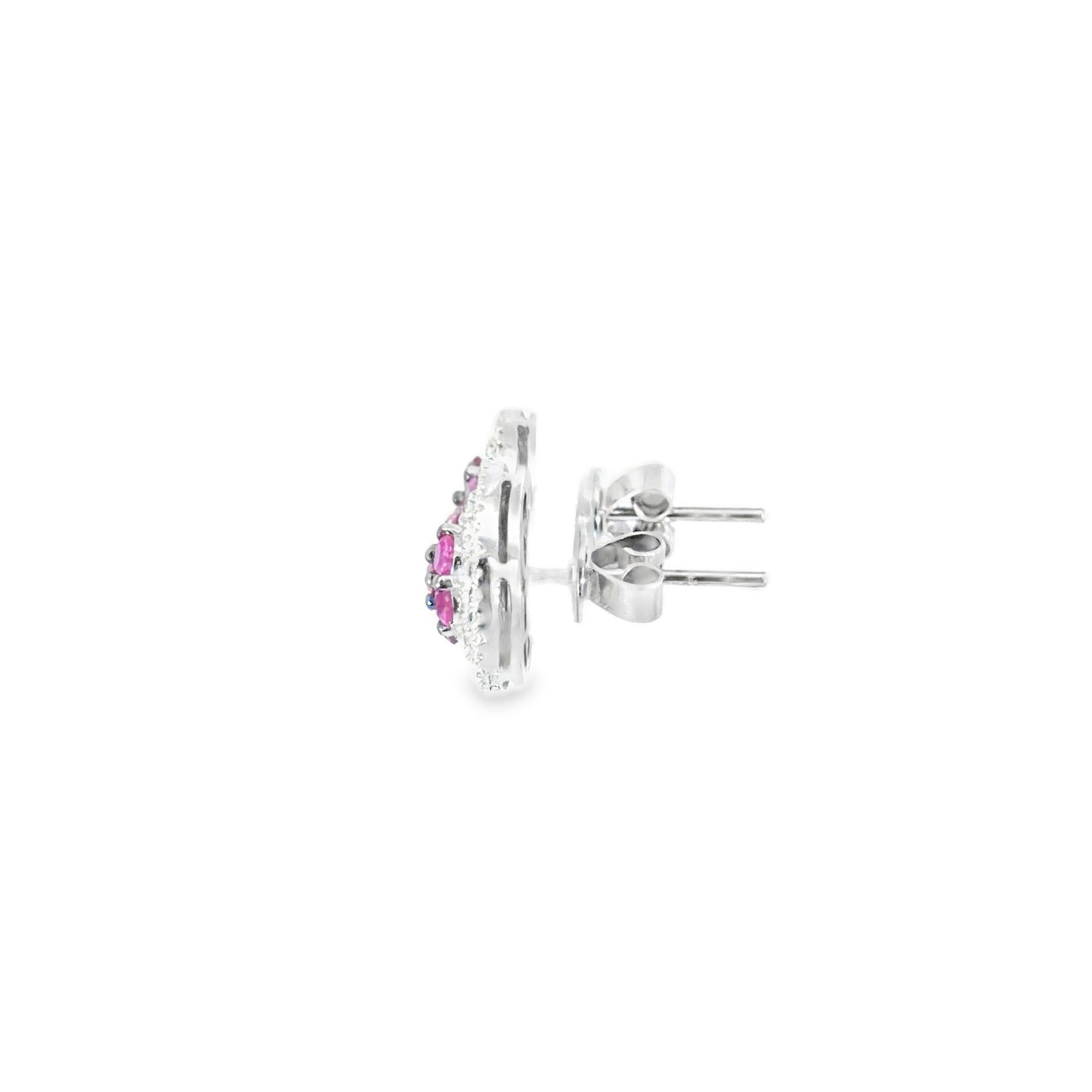 Pink Sapphire Double Halo Cluster Earrings · 18K White Gold