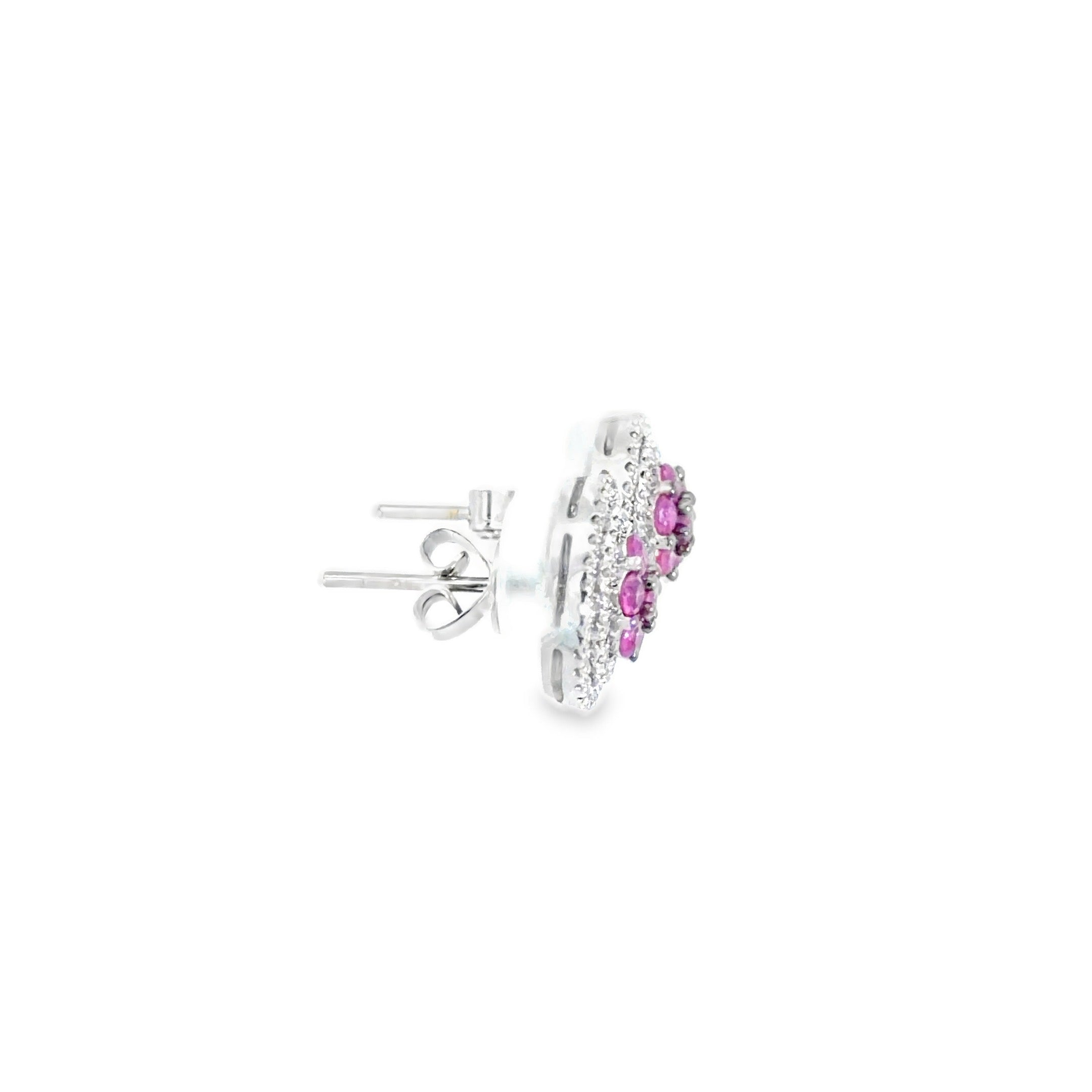 Pink Sapphire Double Halo Cluster Earrings · 18K White Gold