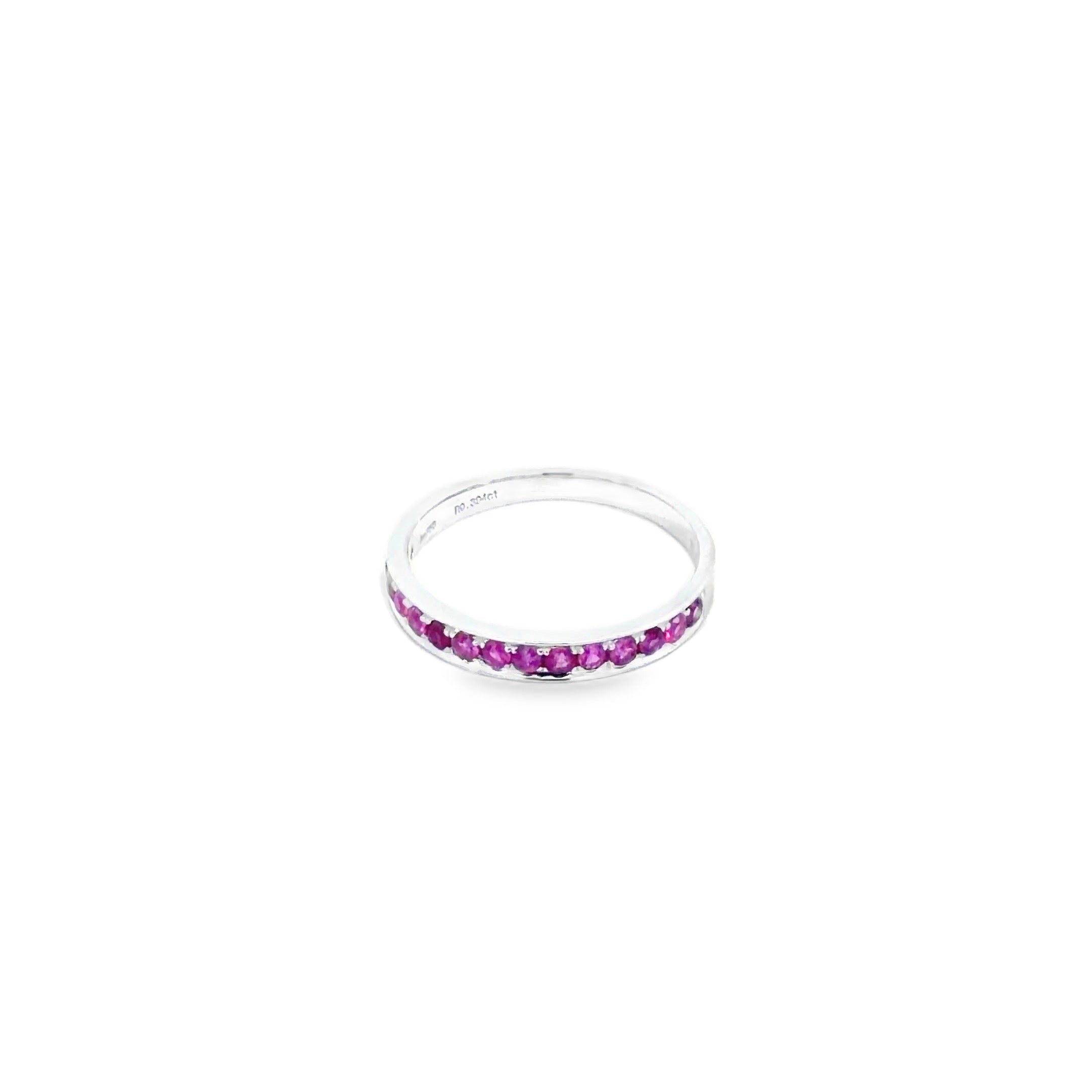Purplish-Red Ruby Eternity Ring · 18K White Gold · Size 10