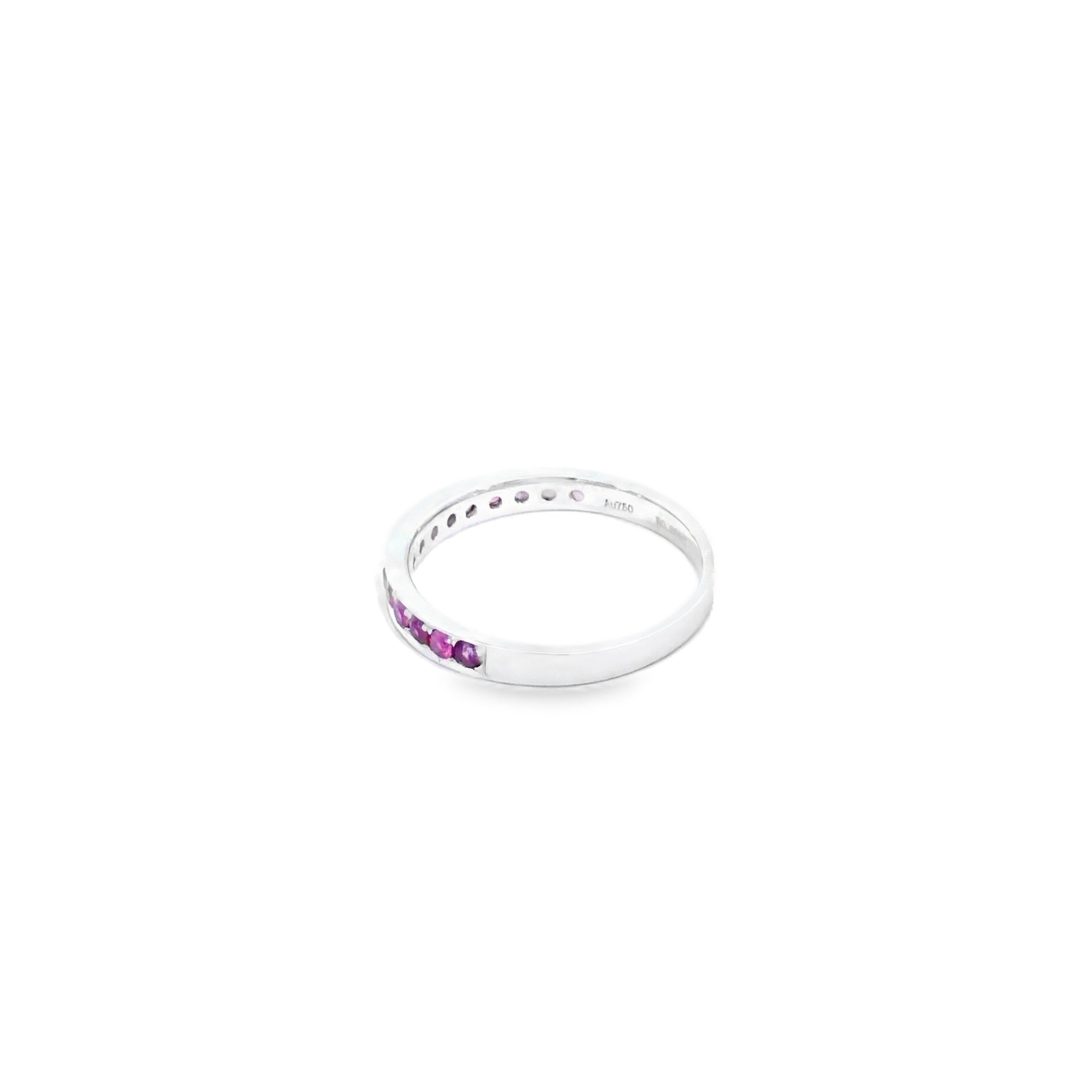 Purplish-Red Ruby Eternity Ring · 18K White Gold · Size 10