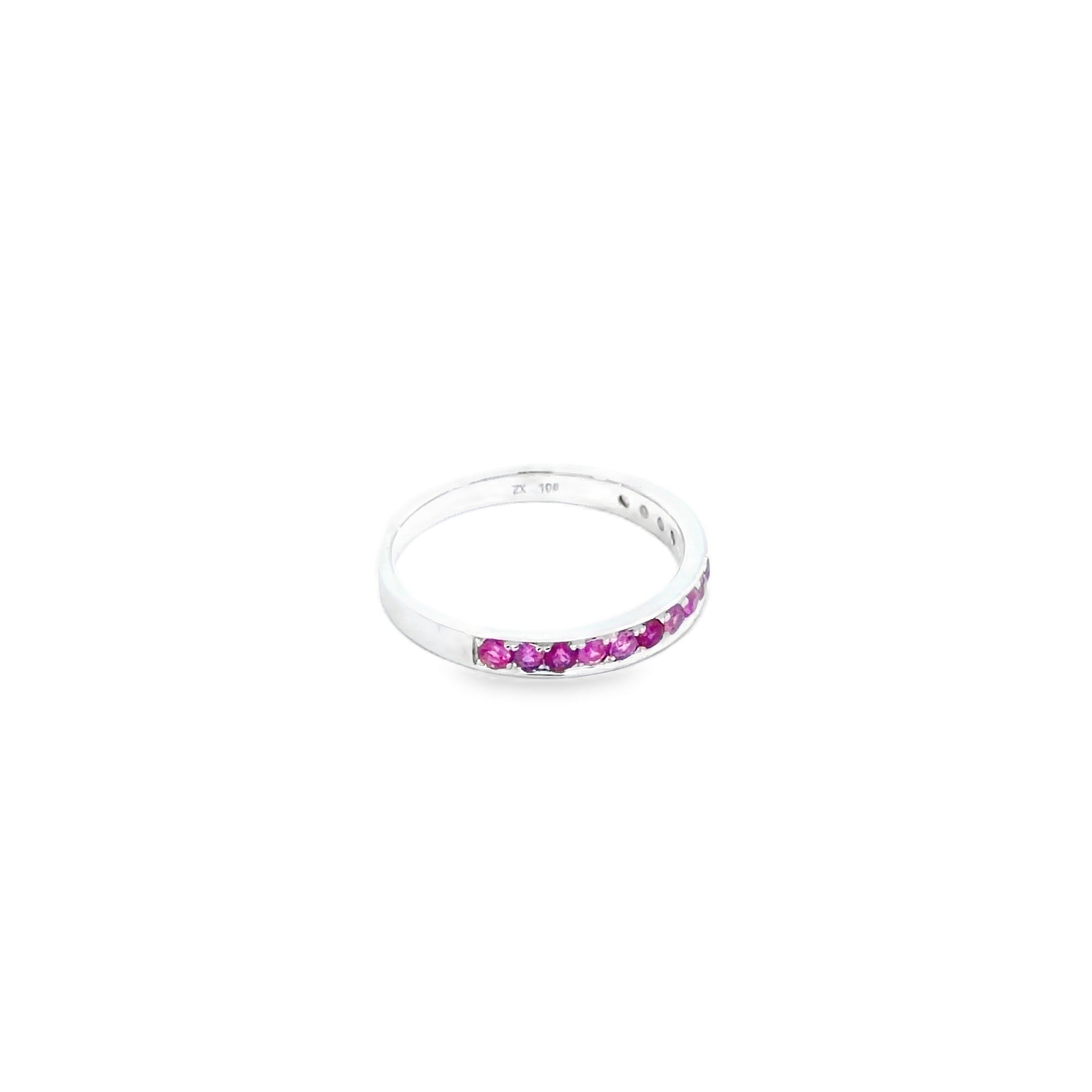 Purplish-Red Ruby Eternity Ring · 18K White Gold · Size 10