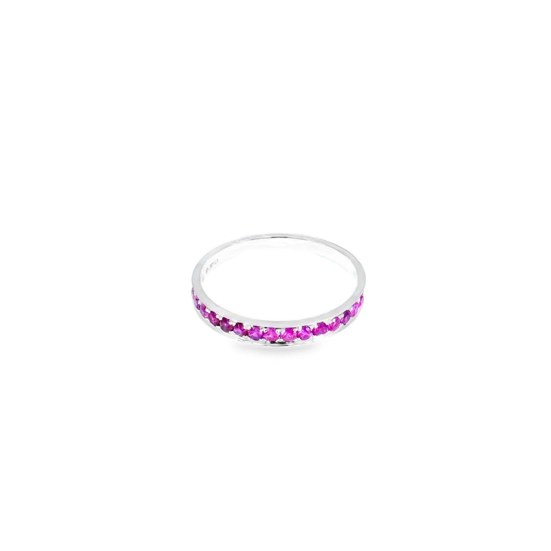 Purplish-Red Ruby Eternity Ring · 18K White Gold · Size 13