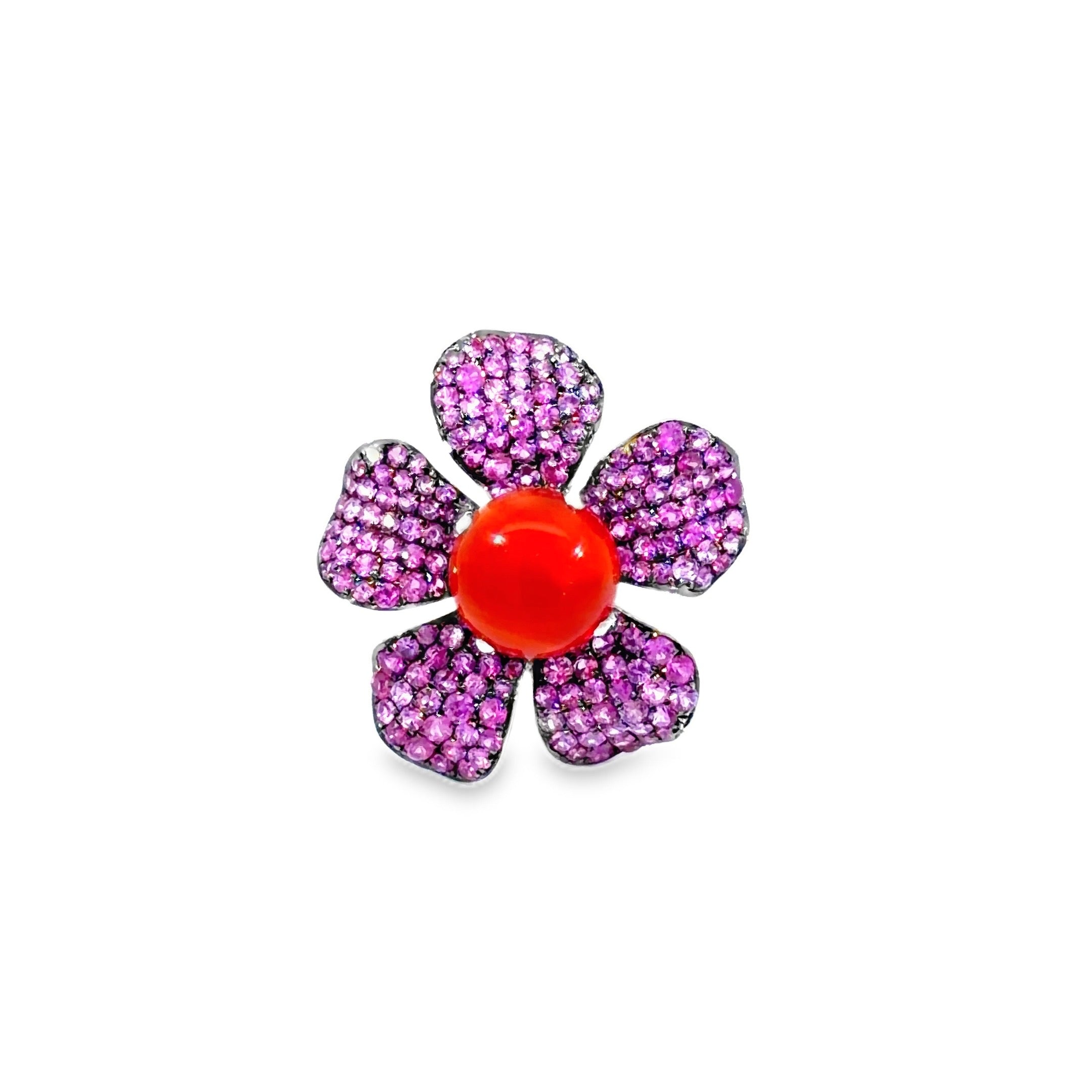 Coral Cabochon Flower Cocktail Ring · 18K White Gold
