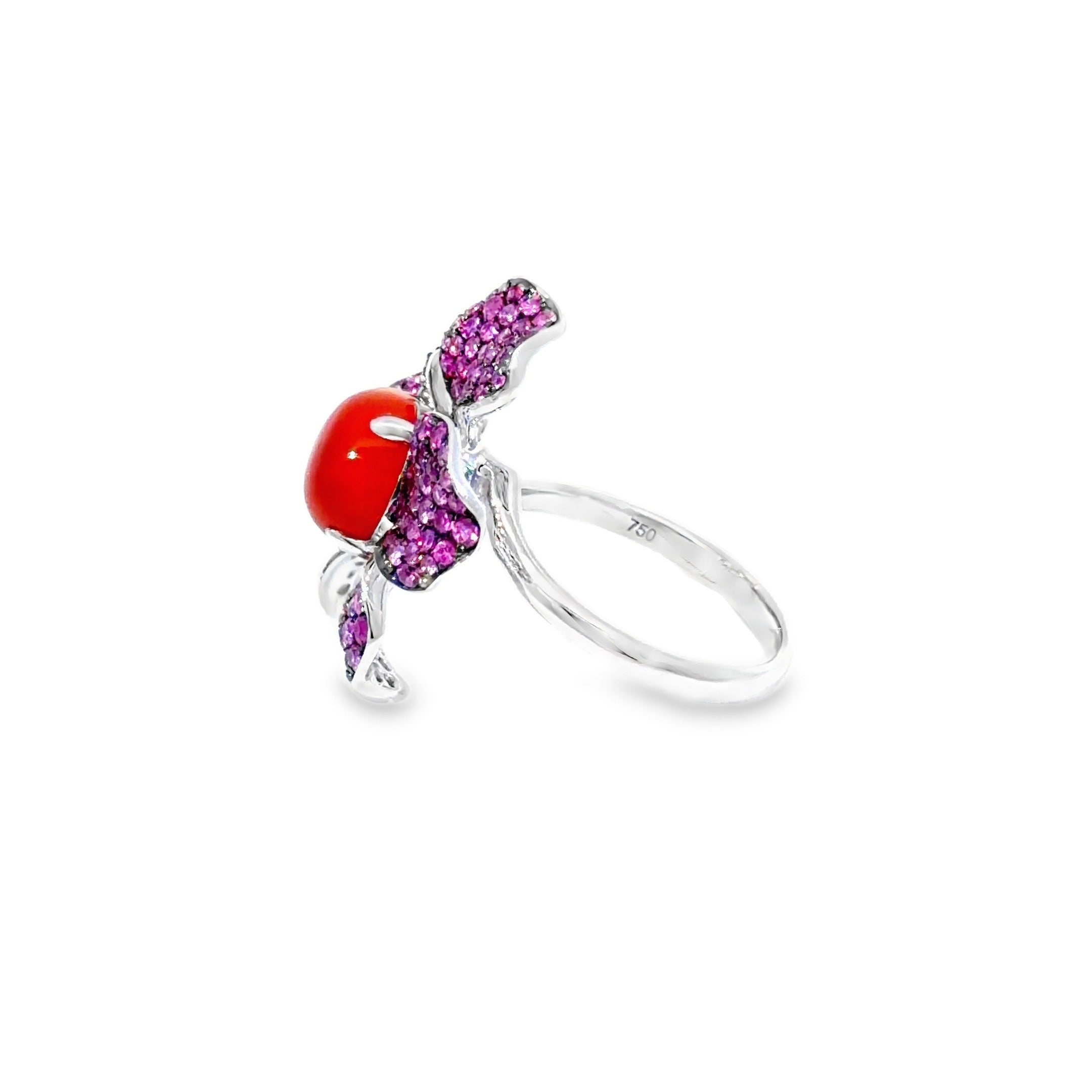 Coral Cabochon Flower Cocktail Ring · 18K White Gold