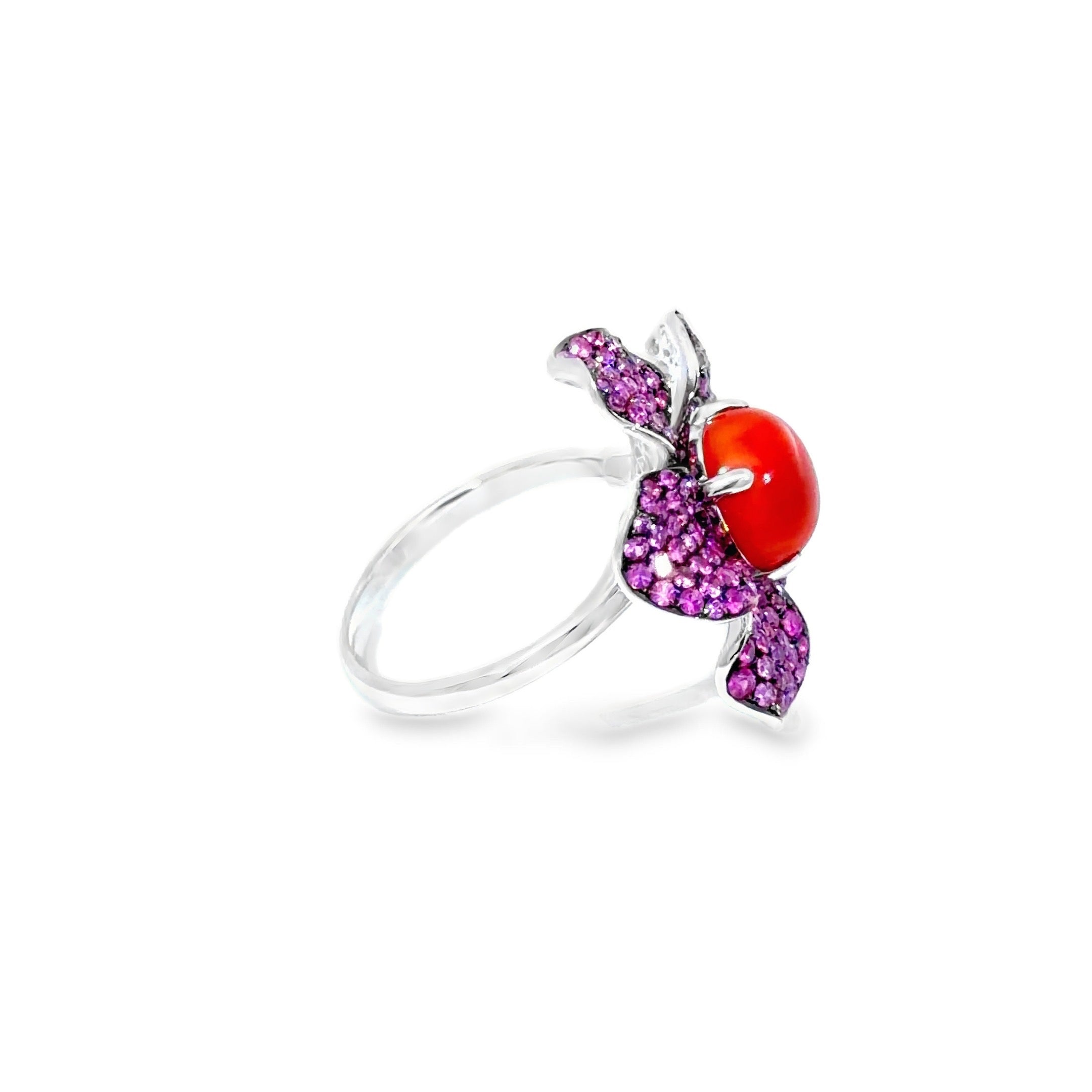 Coral Cabochon Flower Cocktail Ring · 18K White Gold