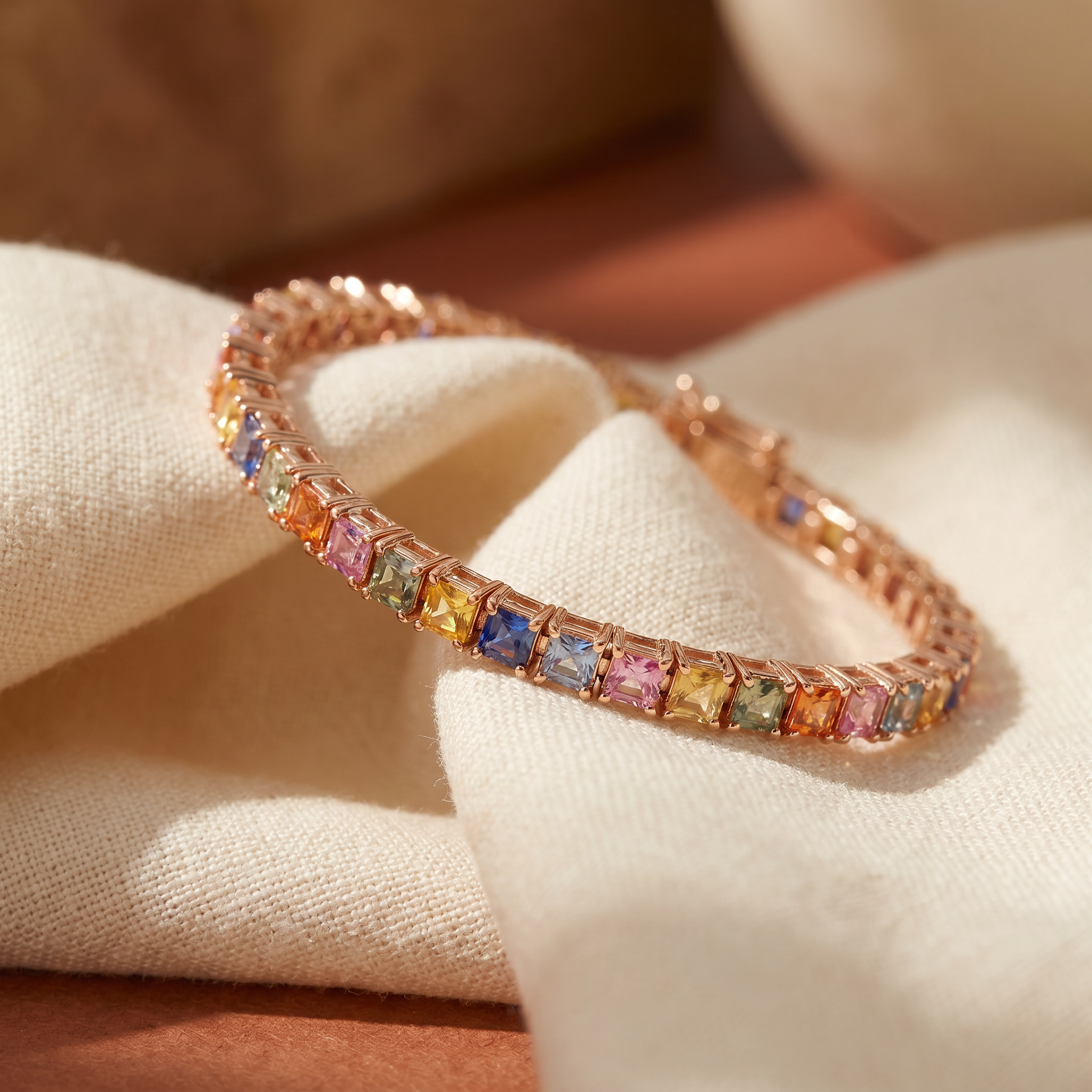 Multi-colour rainbow sapphire tennis bracelet in 18K rose gold, editorial scene on warm linen