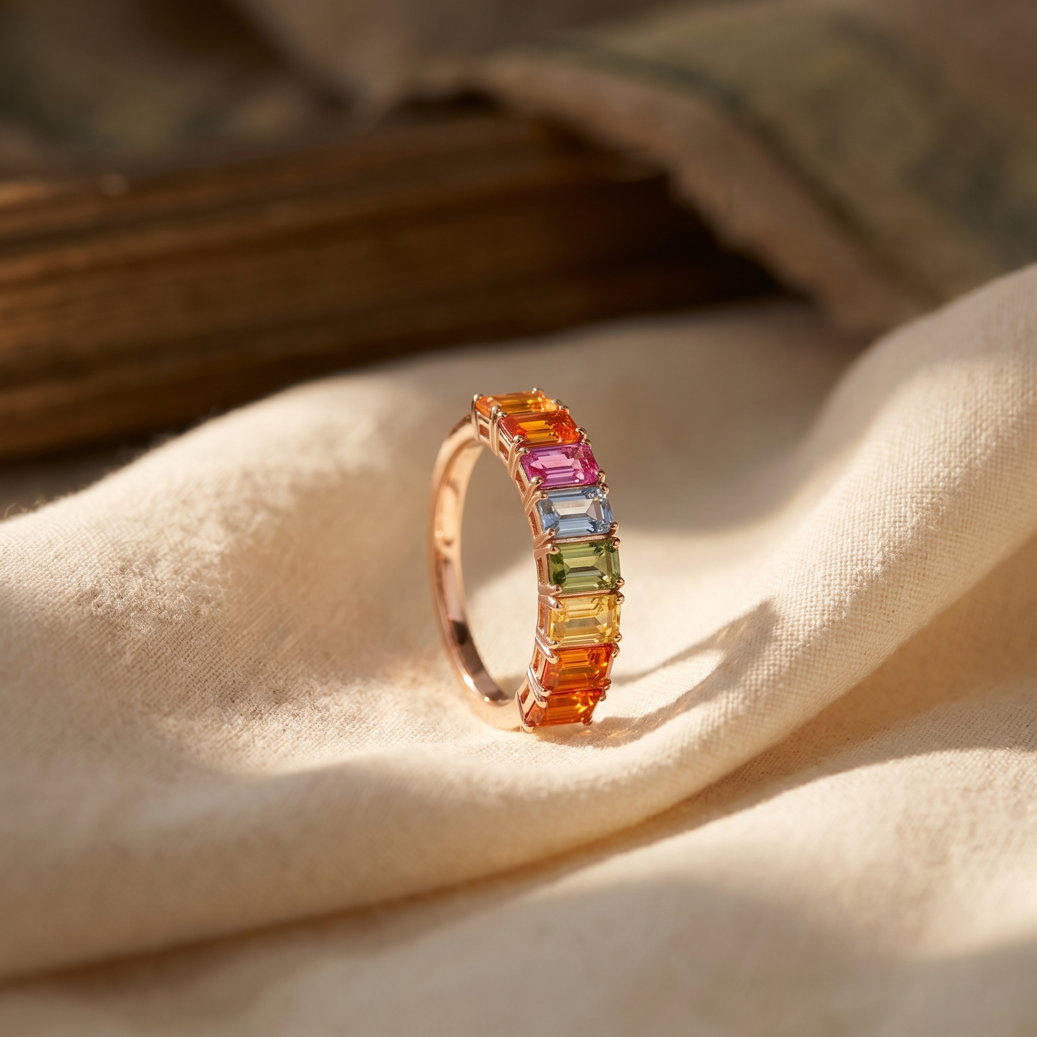 Multi-colour rainbow sapphire ring in 18K rose gold, editorial scene on warm linen
