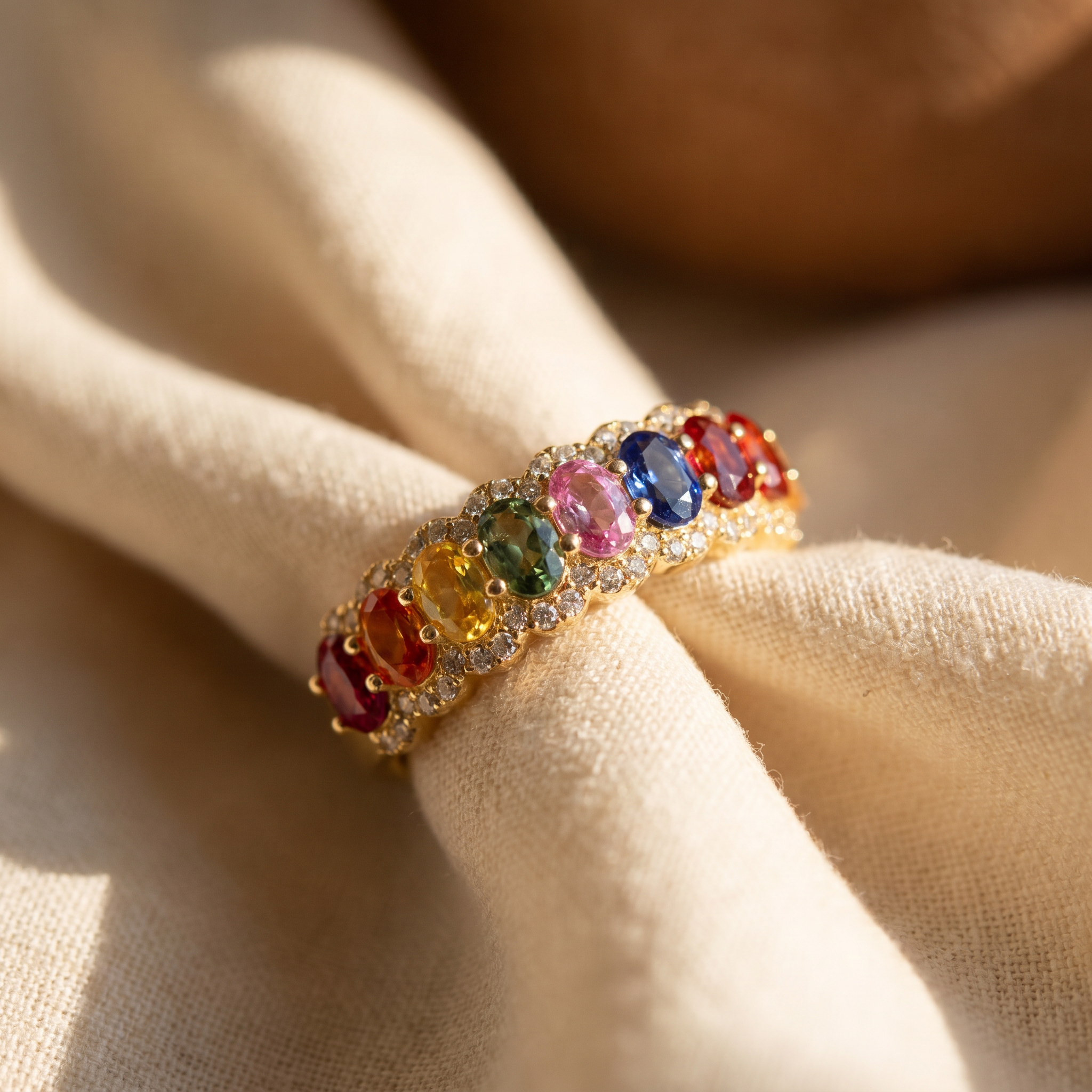 Rainbow sapphire multi-stone ring in 18K yellow gold, editorial scene on warm linen