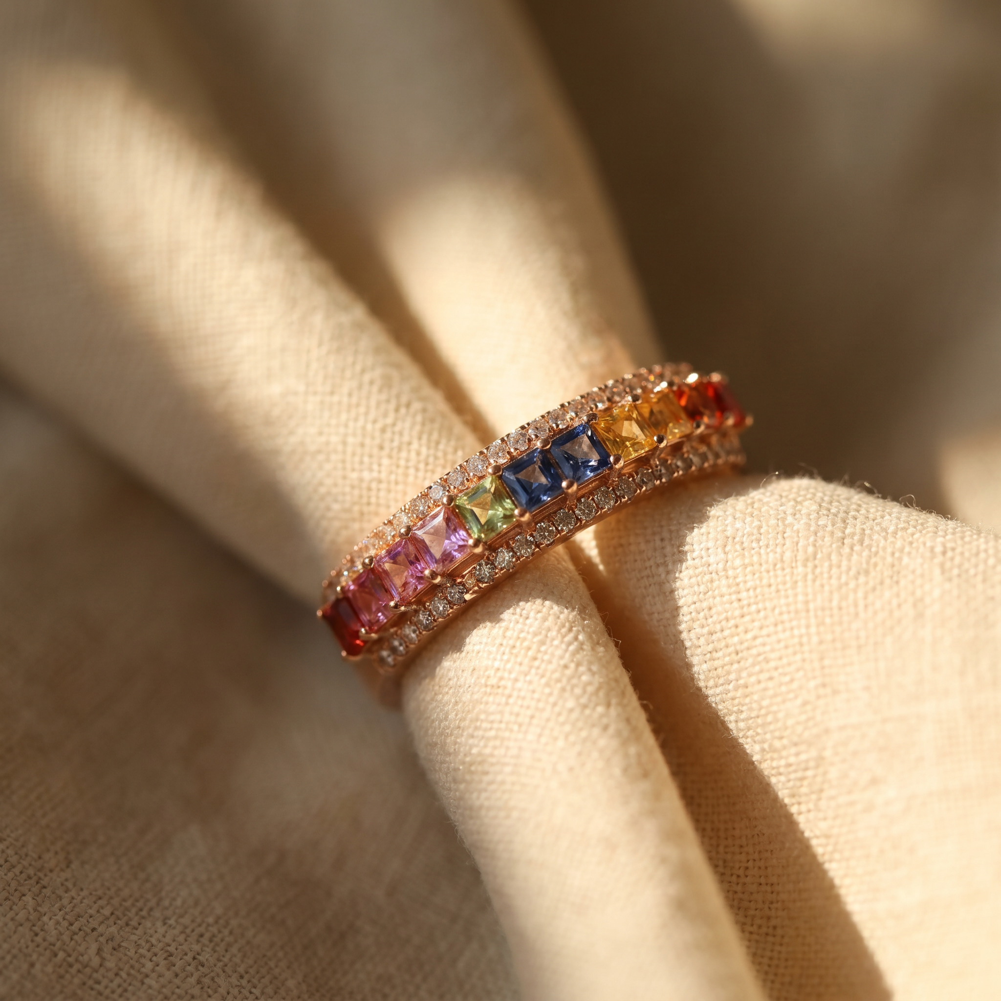 Rainbow sapphire multi-stone ring in 18K rose gold, editorial scene on warm linen