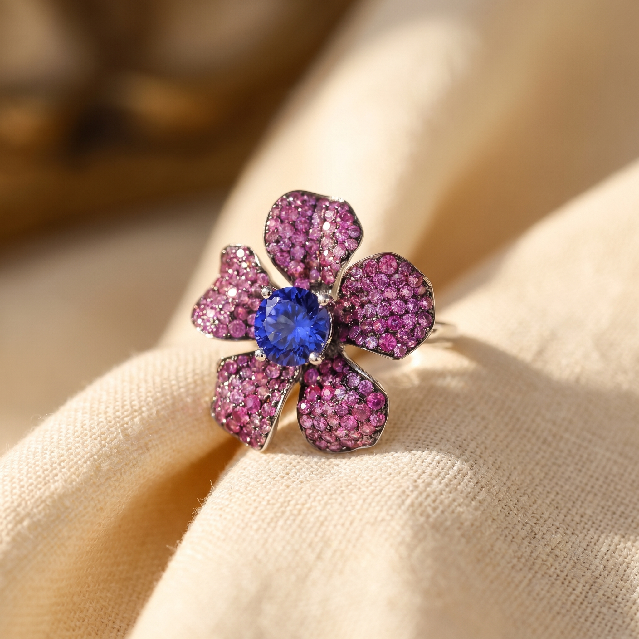 Tanzanite and pink sapphire floral cocktail ring in 18K white gold, editorial scene on warm linen
