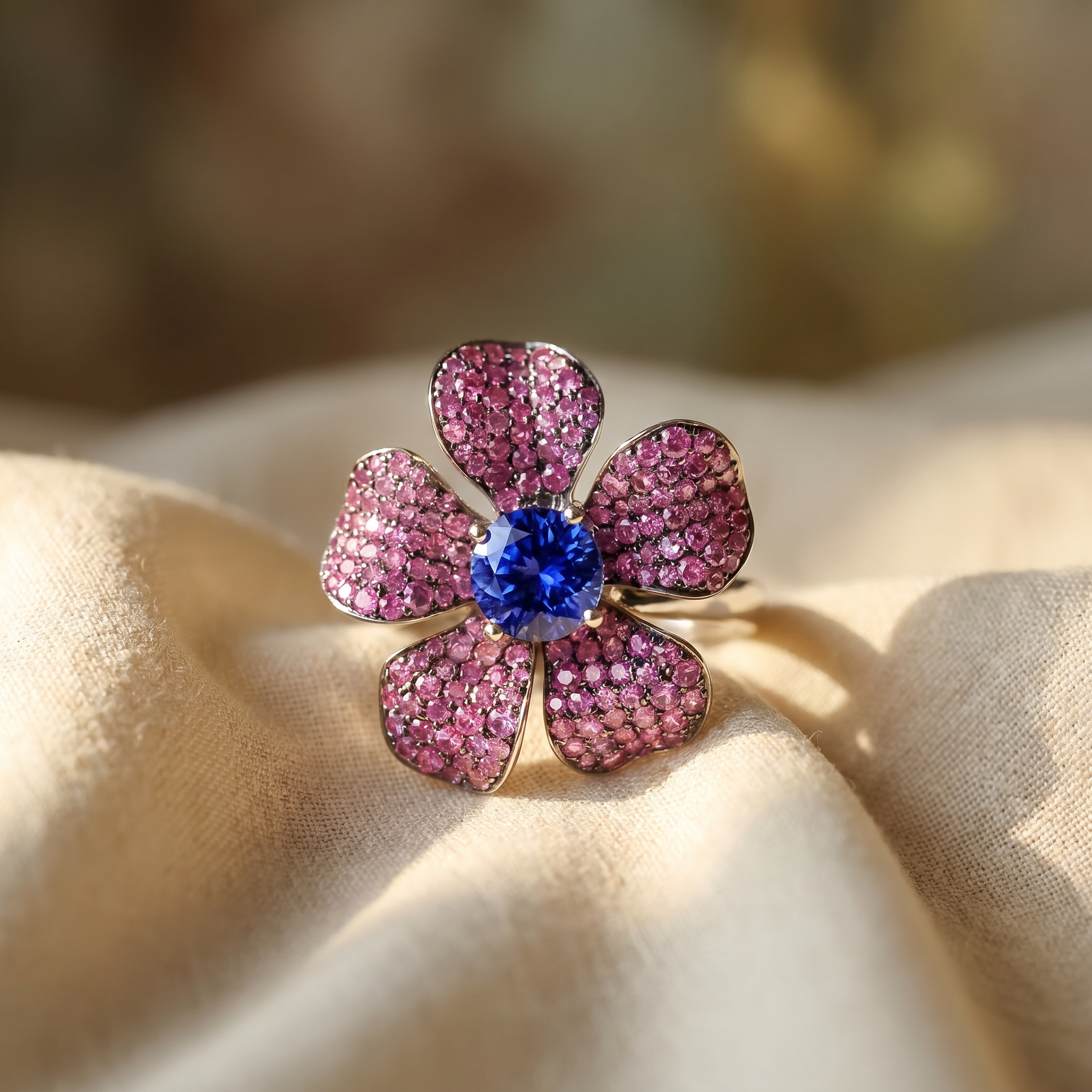 Tanzanite and pink sapphire floral cocktail ring in 18K white gold, editorial scene on warm linen