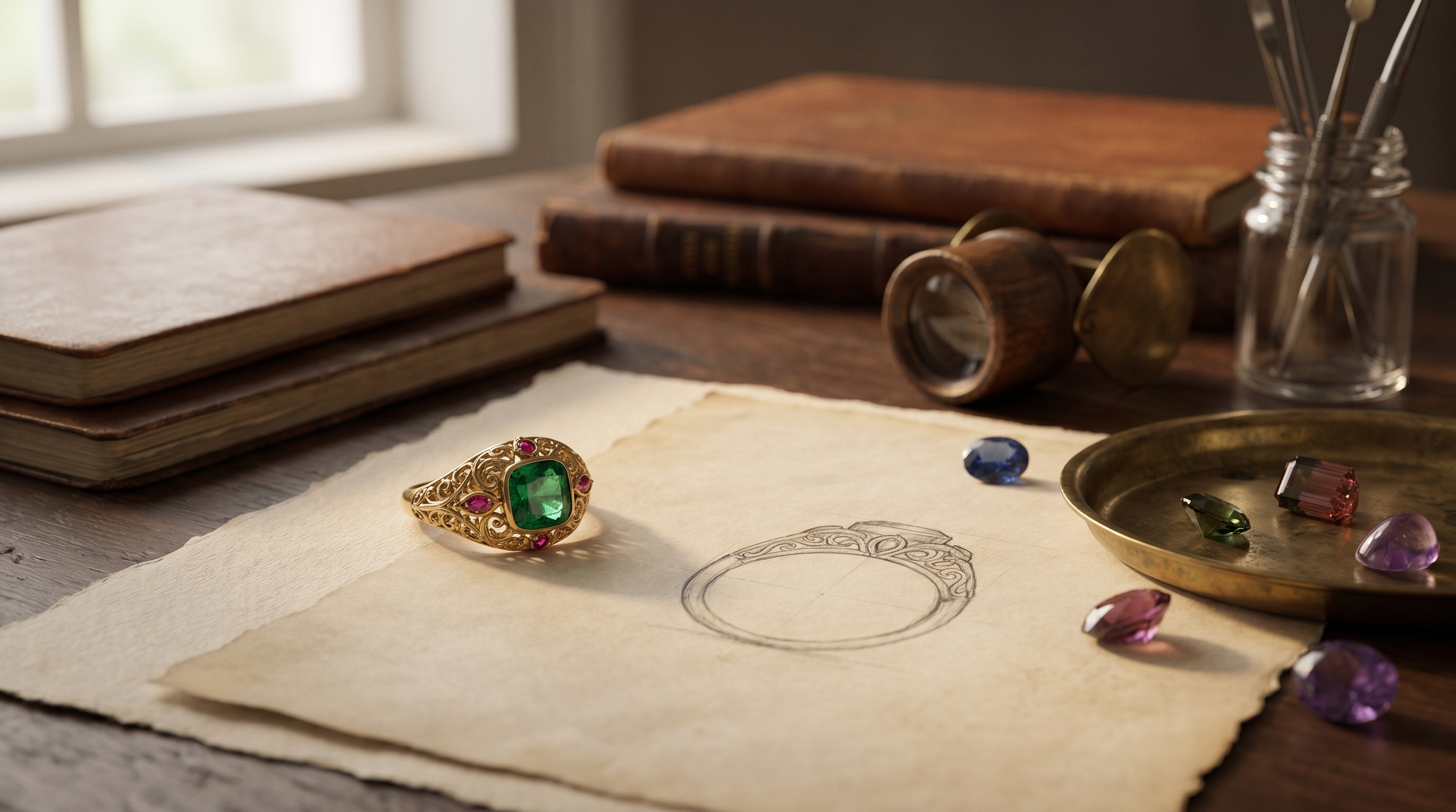 An 18k gold gemstone ring beside a jewellers ring sketch and loose coloured gemstones