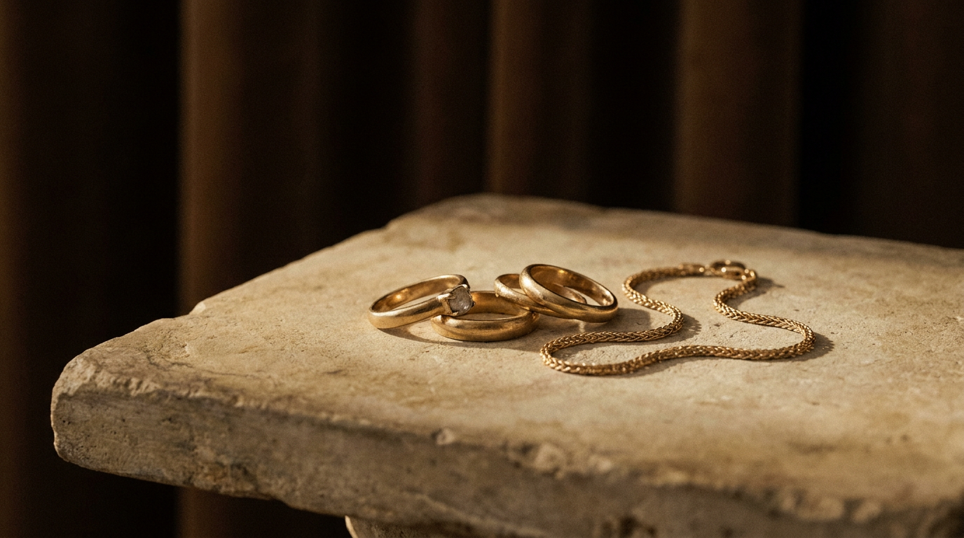 Gold of different karats compared in warm light