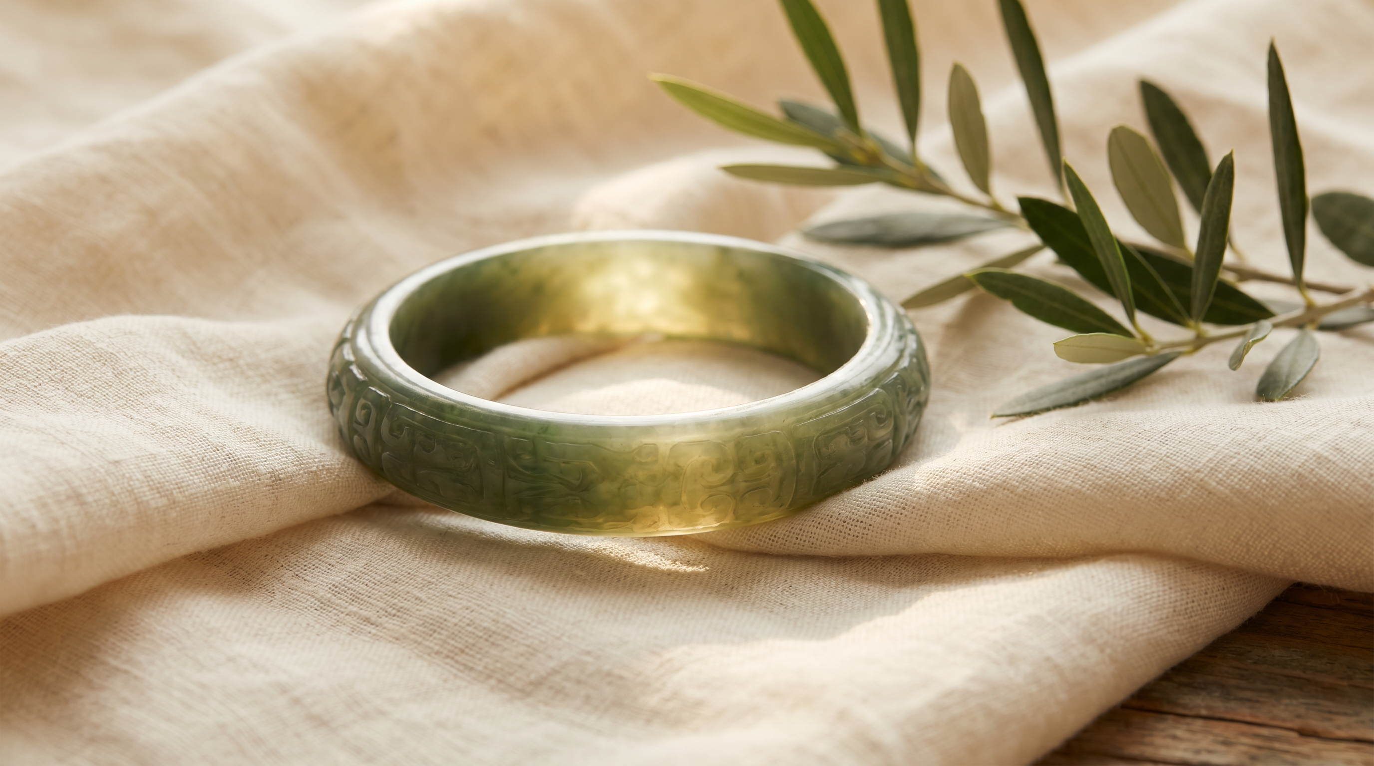 A translucent green jade bangle on warm linen, glowing in soft morning light