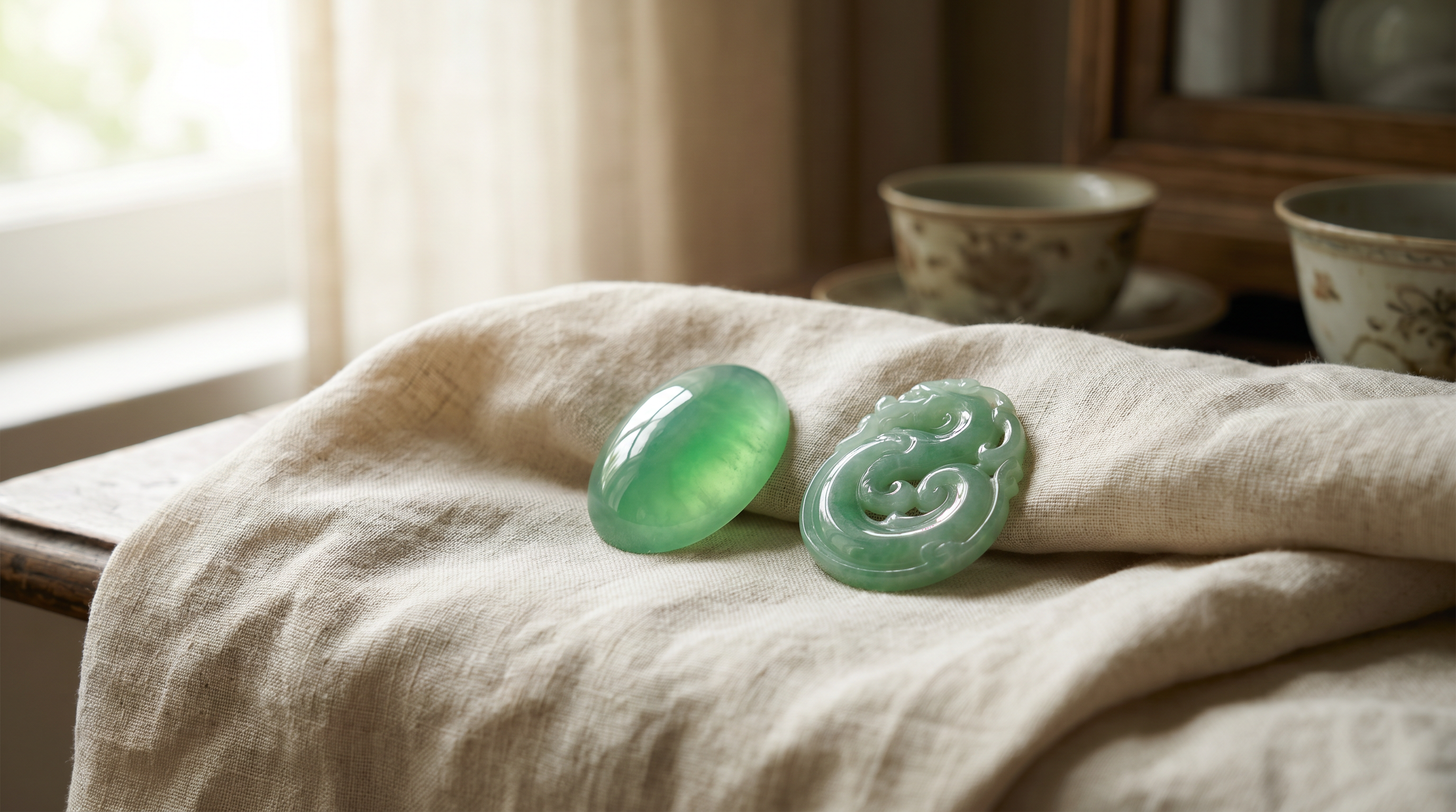A polished translucent green jadeite cabochon beside a carved jade pendant on warm linen