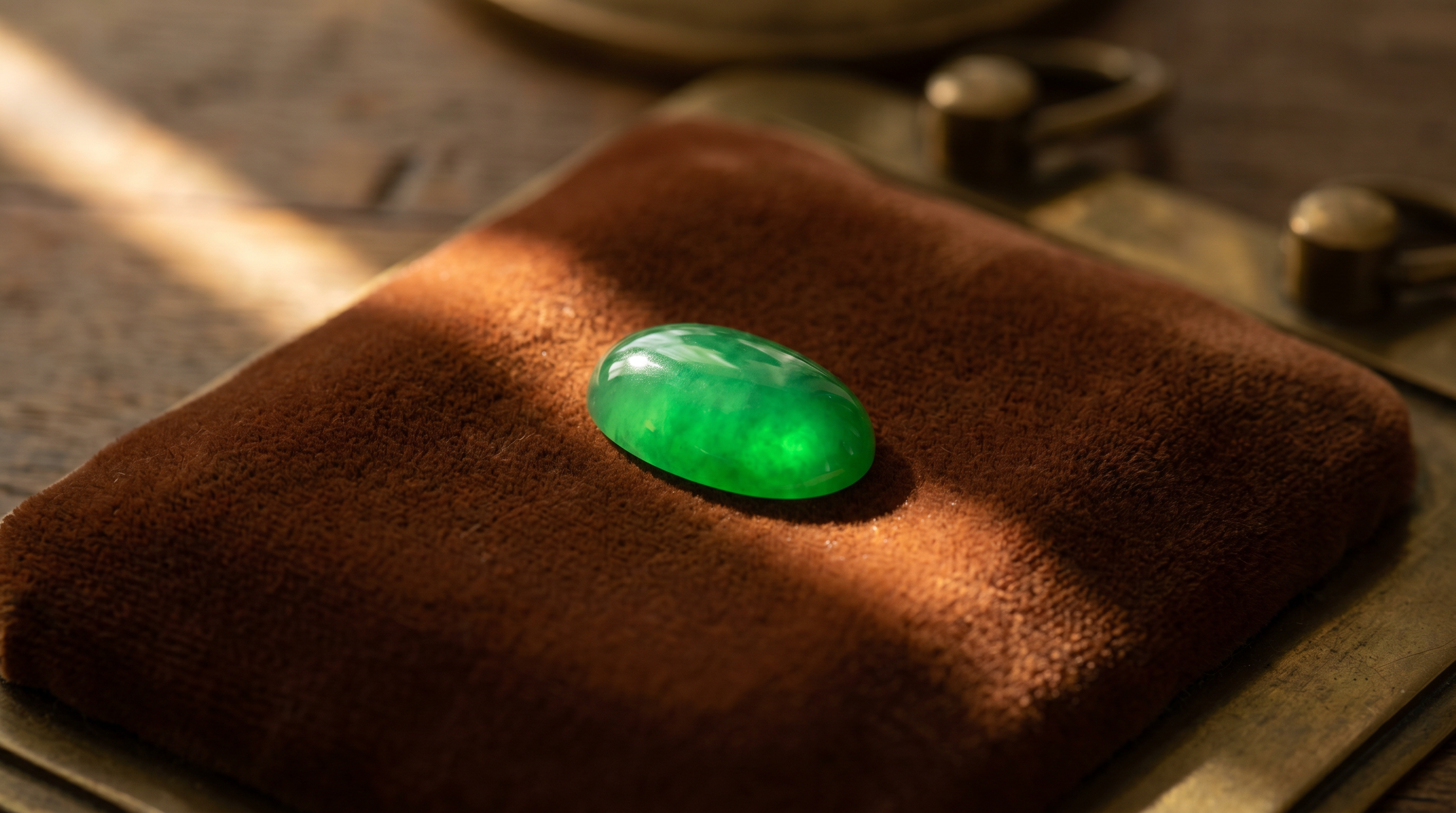 A fine imperial-green jadeite cabochon glowing on dark velvet in raking light