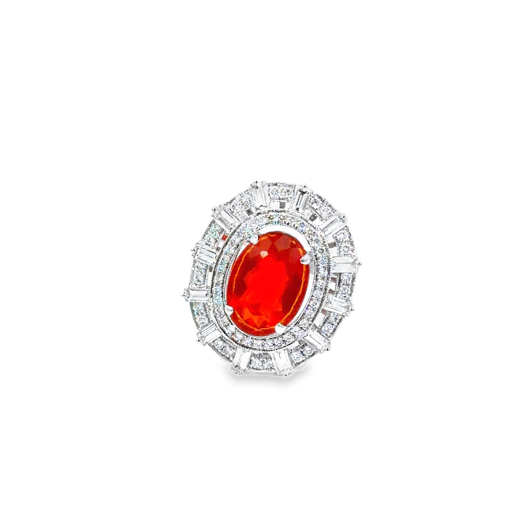 Fire Opal Double Halo Cocktail Ring · 18K White Gold