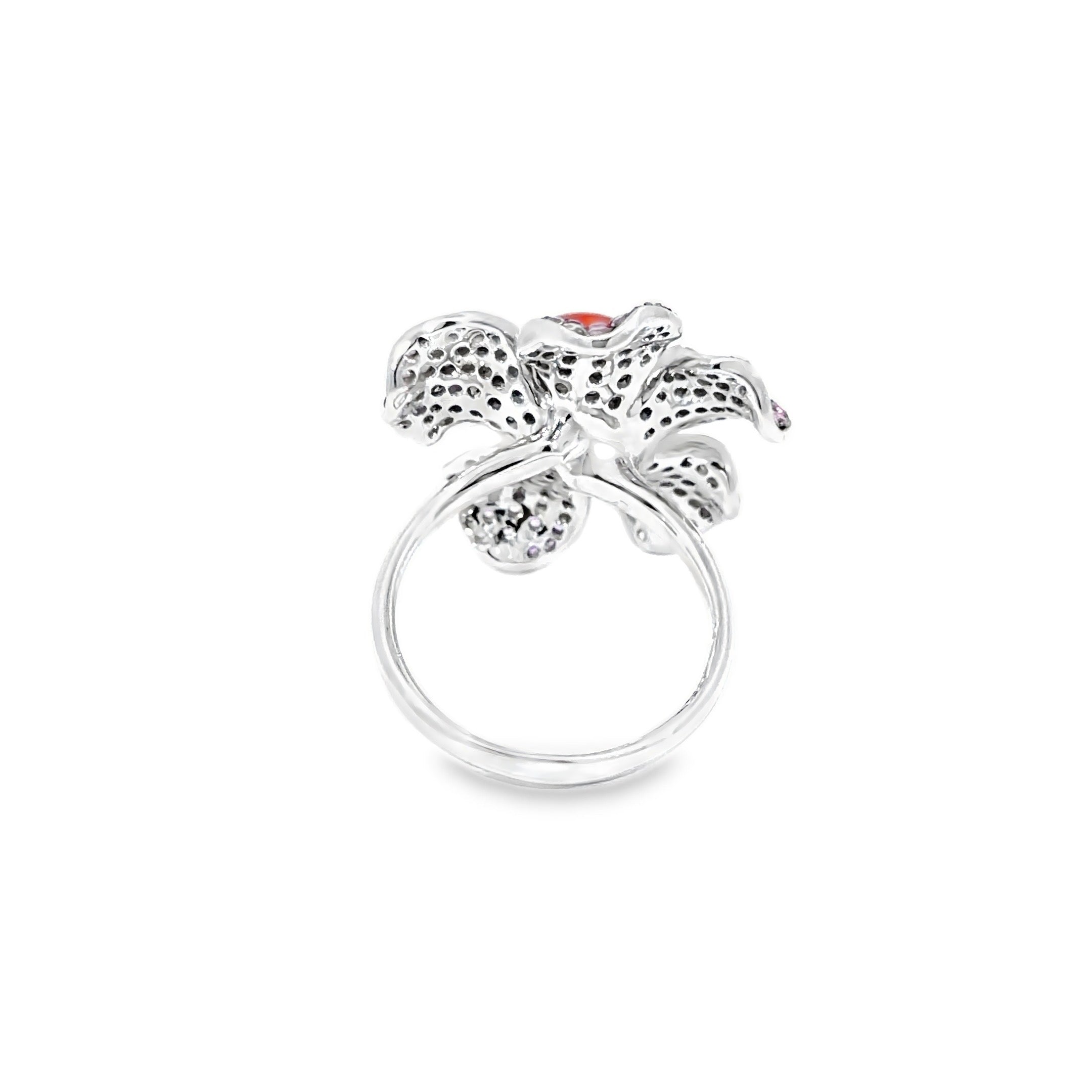 Coral Cabochon Flower Cocktail Ring · 18K White Gold