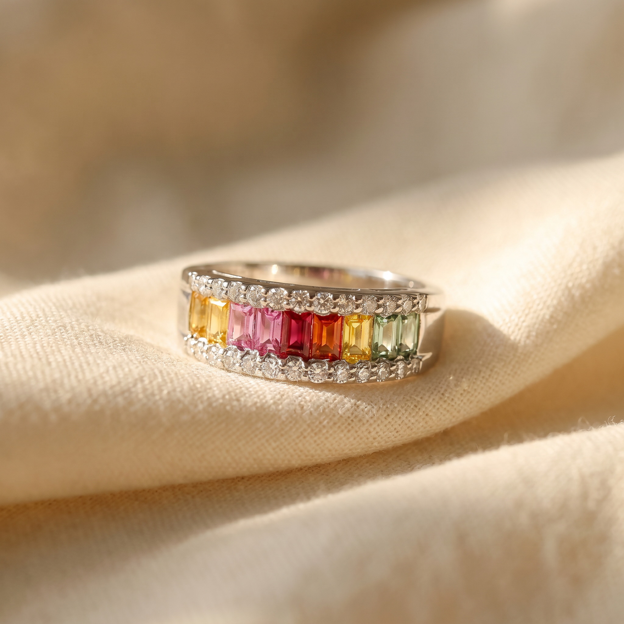 Rainbow sapphire multi-stone ring in 18K white gold, editorial scene on warm linen