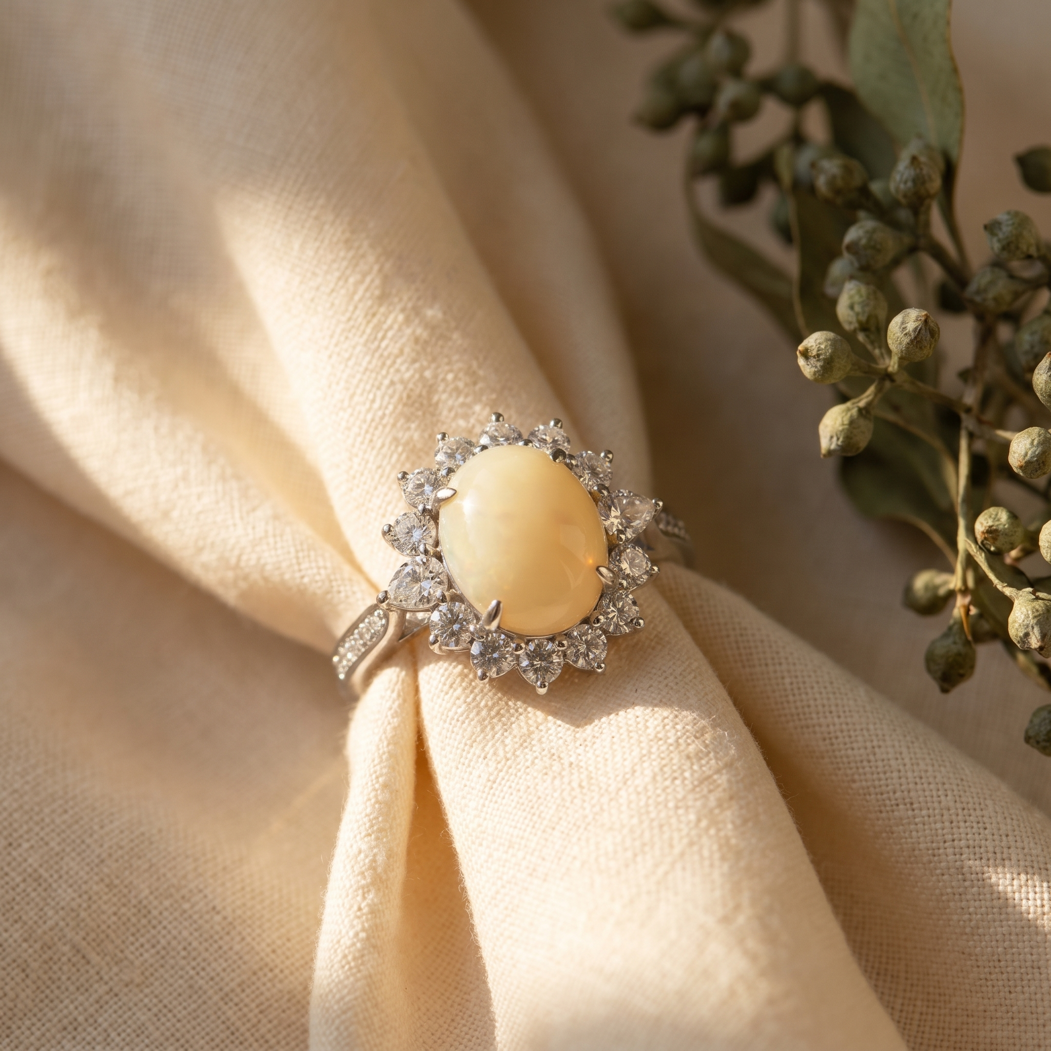 Oval opal halo cocktail ring in 18K white gold, editorial scene on warm linen