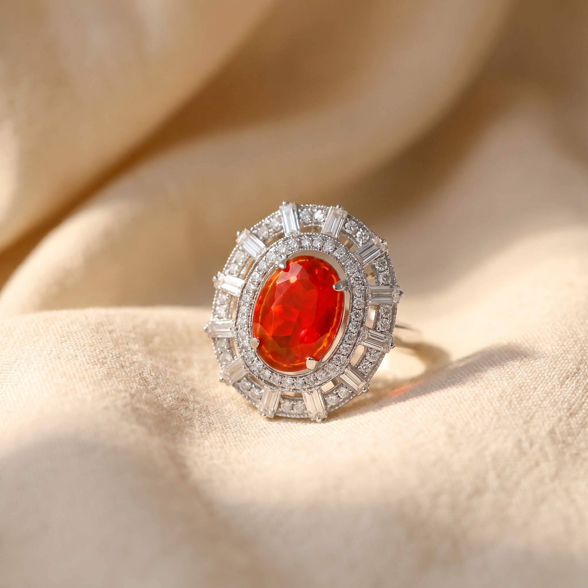 Fire opal double-halo cocktail ring in 18K white gold, editorial scene on warm linen