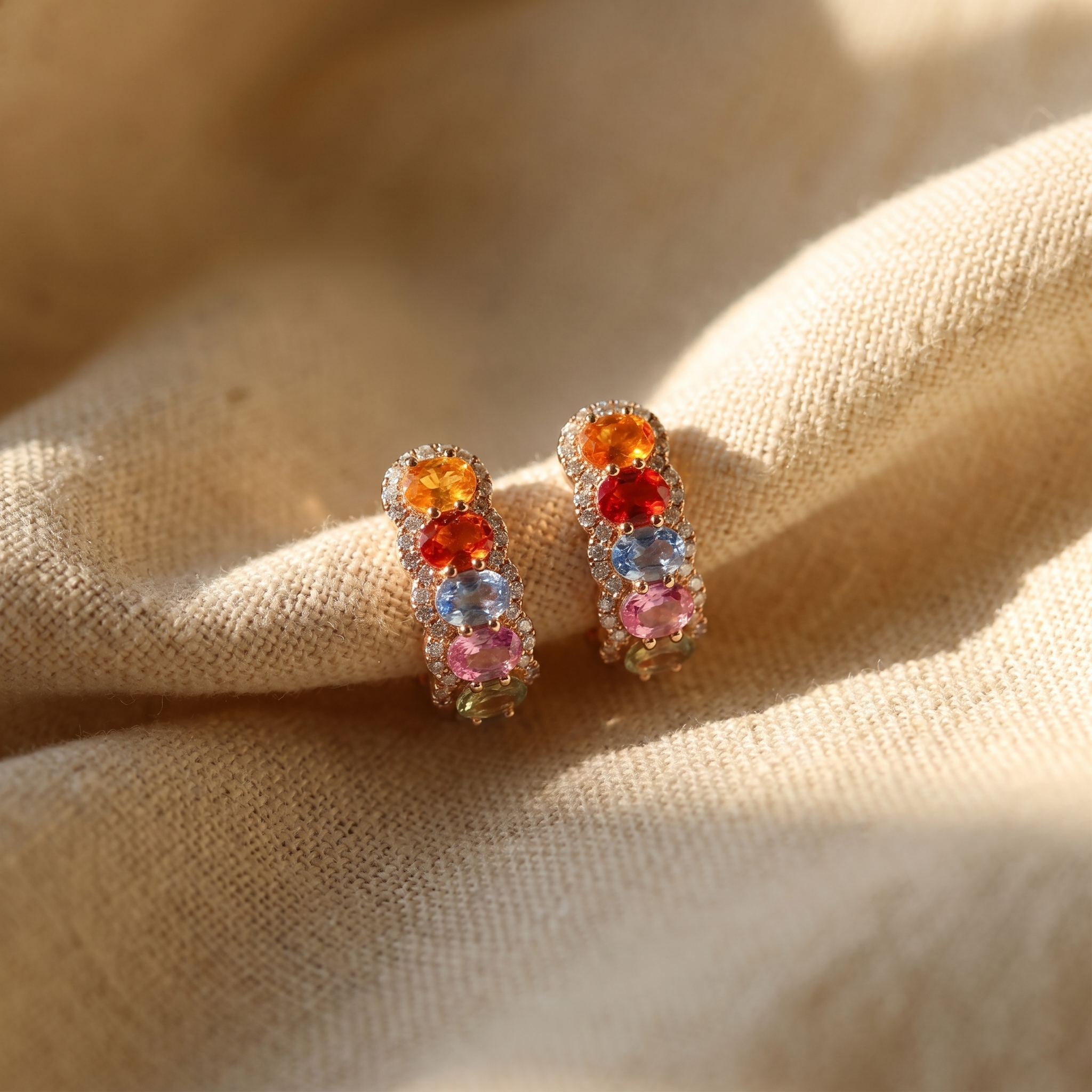 Multi-colour sapphire halo cluster earrings in 18K rose gold, editorial scene on warm linen