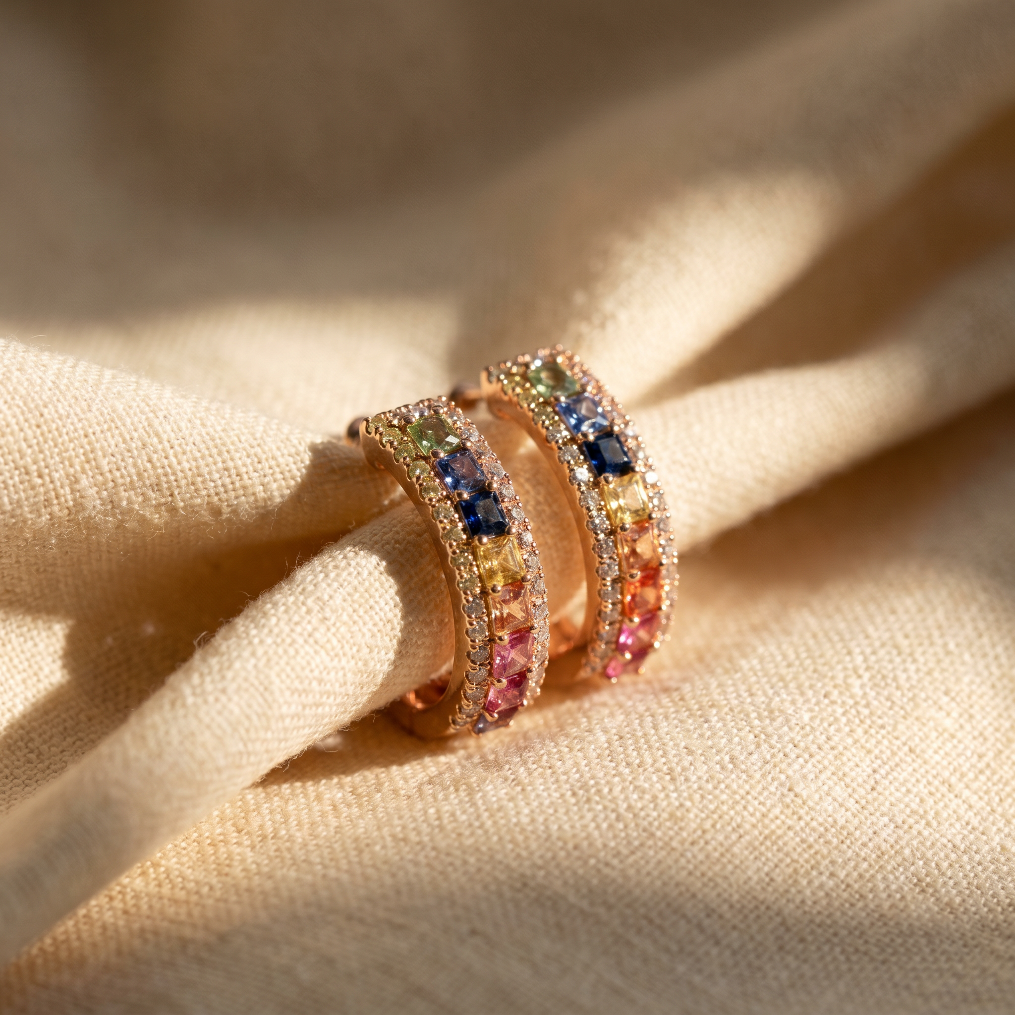 Multi-colour sapphire hoop earrings in 18K rose gold, editorial scene on warm linen